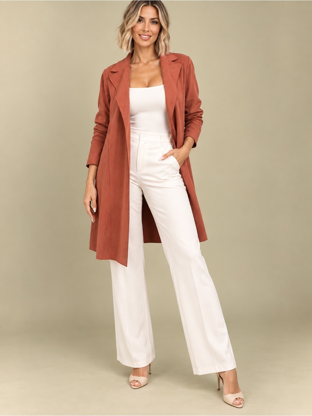 Tahari Faux Suede Open Front Long Jacket Duster Rust Size M